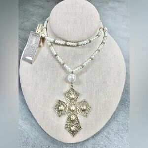 Canvas Gold Tone Cross Pendant On Long Faux Pearl Necklace